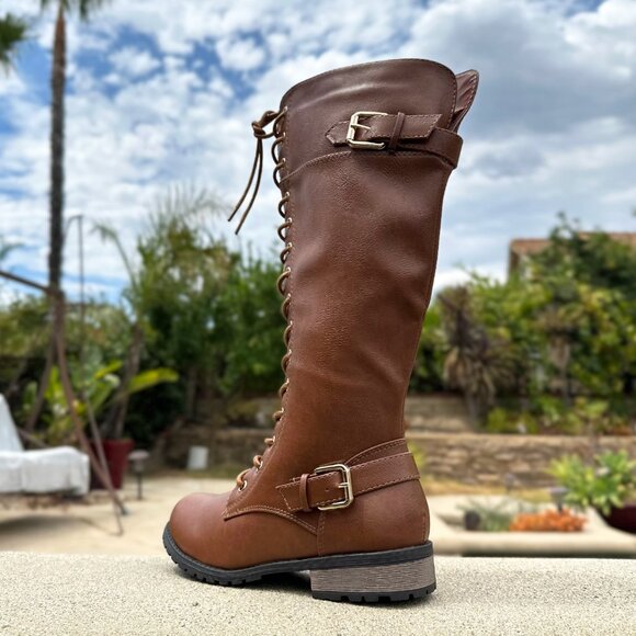 New Tan Lace-Up Military Combat Moto Boots Knee High Low Block Heel Lug Platform - Picture 4 of 6
